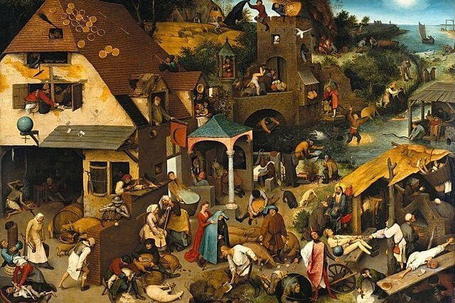 Pieter Bruegel De Oude Schilderij Nederlandse Spreekwoorden 1559 schilderkunst 16e eeuw Quiz VragenVuur Gezegden Uitdrukkingen Schilderkunst